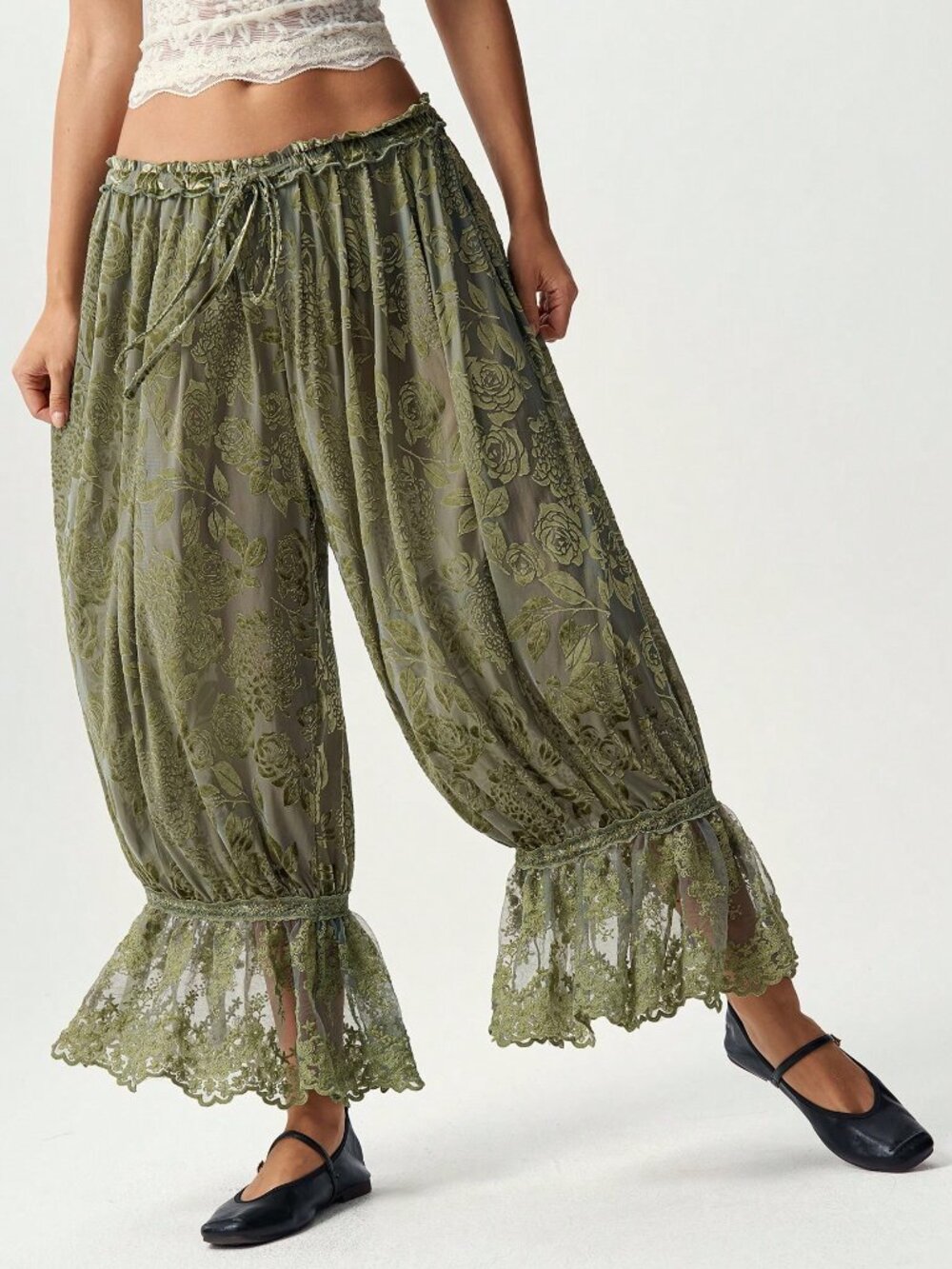 Green Casual Women's Boho Drawstring Waist Floral Lace Patchwork Long Pants